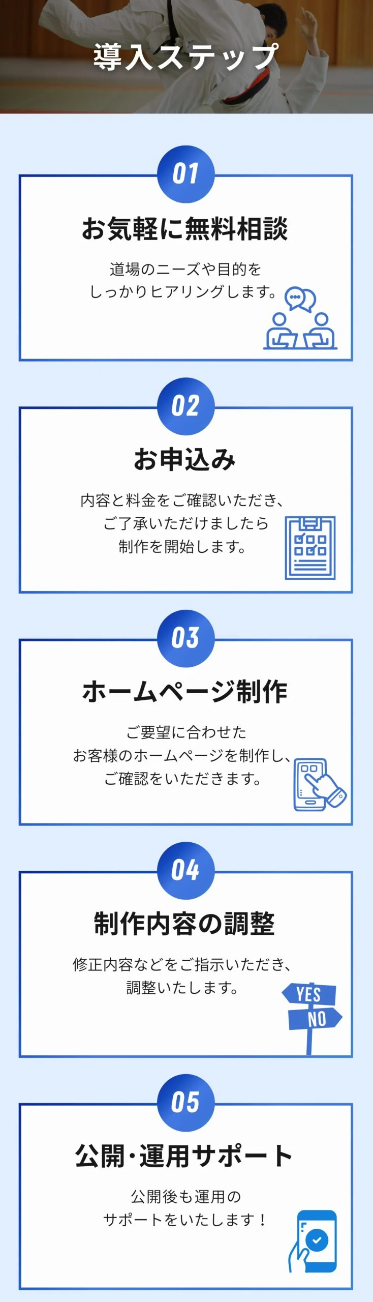 導入ステップ 無料相談 お申込み ホームページ制作 制作内容の調整 公開運用サポート