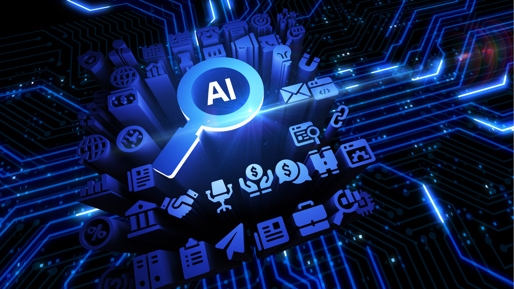 虫眼鏡の中に「AI」の文字があり、周囲に多数のアイコンが並ぶAI検索のイメージ